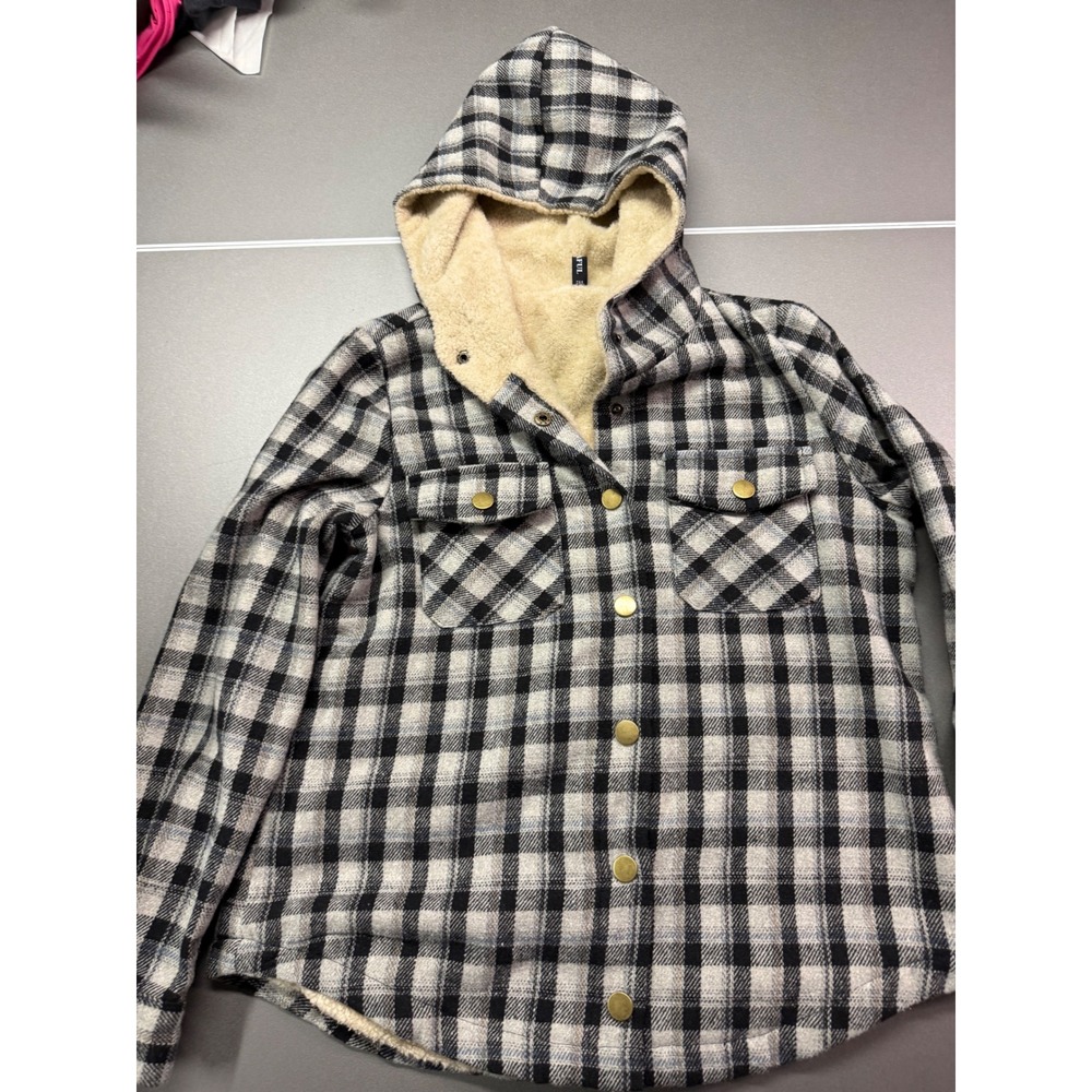 Zaful Sherpa Lined Plaid Hooded Shacket Black White Buffalo Check Flannel Jacket